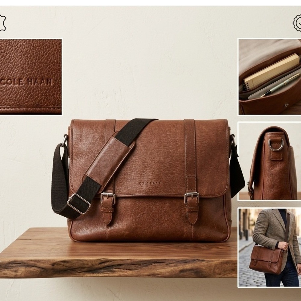 Cole Haan Brown Pebbled Leather Messenger Bag Satchel Laptop Crossbody Workwear